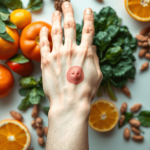 A close-up of a hand with a ganglion cyst on the wrist, surrounded by colorful fruits and vegetables, set against a bright, inviting background sym...