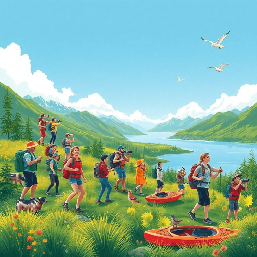 A colorful abstract depiction of people enjoying outdoor activities like hiking, kayaking, and bird watching in a scenic landscape with mountains a...