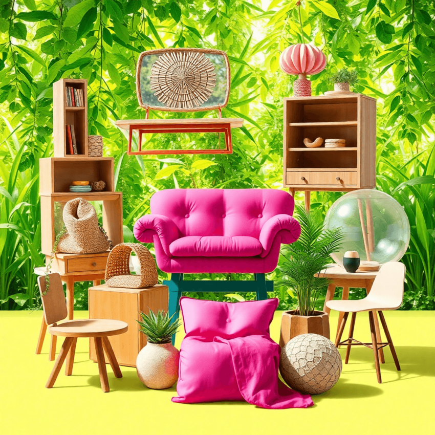 A colorful display of upcycled products, including furniture and accessories, set against a lush green backdrop symbolizing sustainability and crea...