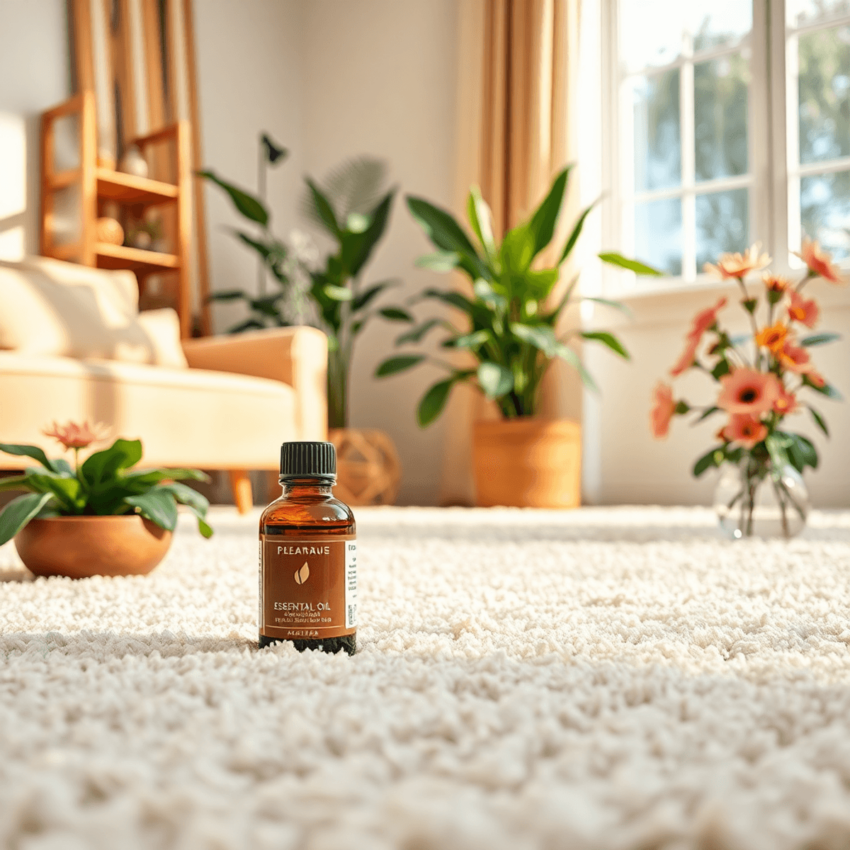 A cozy living room with a plush carpet, essential oil and diffuser, surrounded by vibrant plants and flowers, creating a warm and inviting atmosphere.