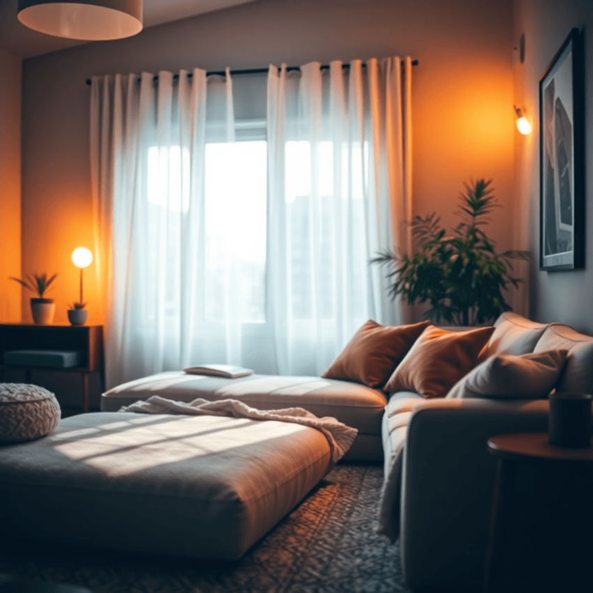 A cozy living room with warm white lighting, a comfortable sofa, and soft decor, creating an inviting ambiance that conveys relaxation and warmth.