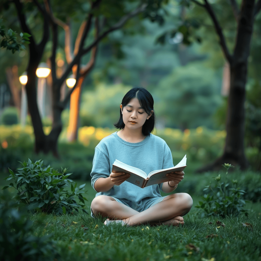 A person sitting peacefully in a serene outdoor setting, practicing mindfulness amidst nature, surrounded by soft lighting that evokes tranquility ...