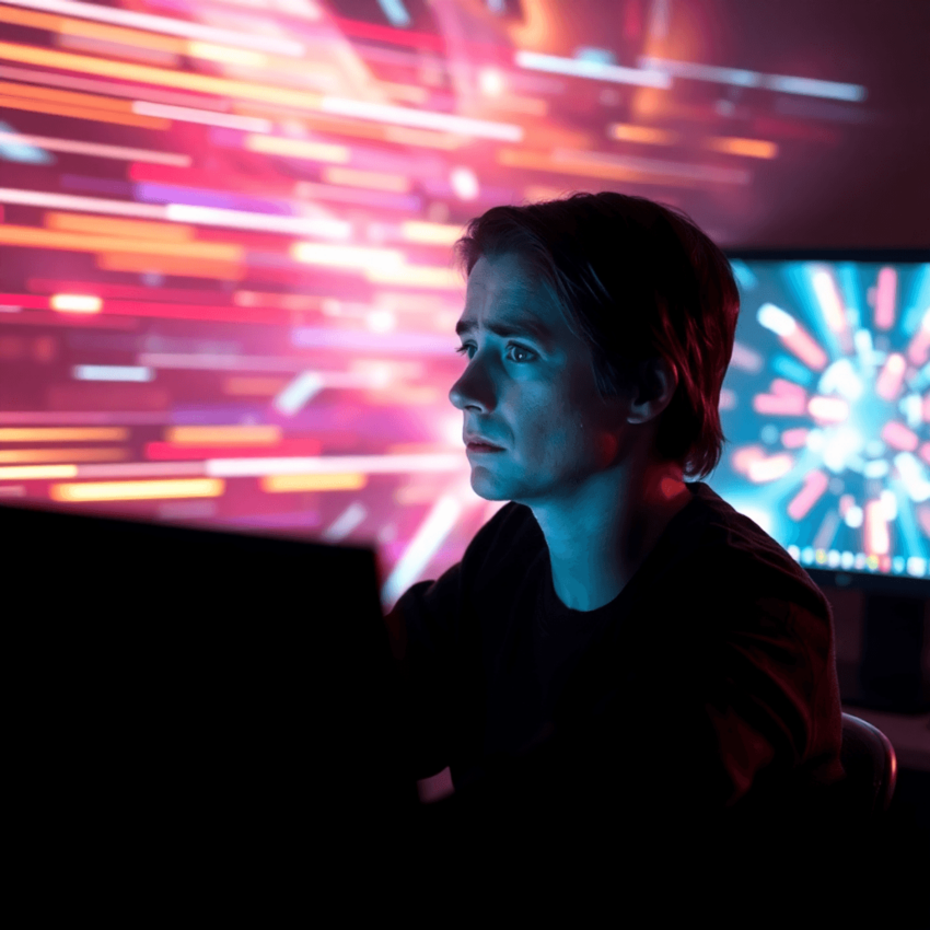 A person with a concerned expression sits in front of a glowing computer screen, surrounded by abstract flashing lights and images, conveying aware...