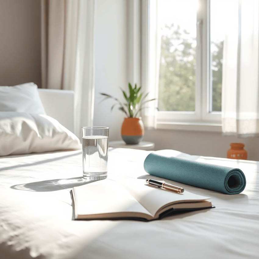 A serene bedroom bathed in morning sunlight, featuring a bedside table with a glass of water, an open notebook, a yoga mat, and a small plant, evok...