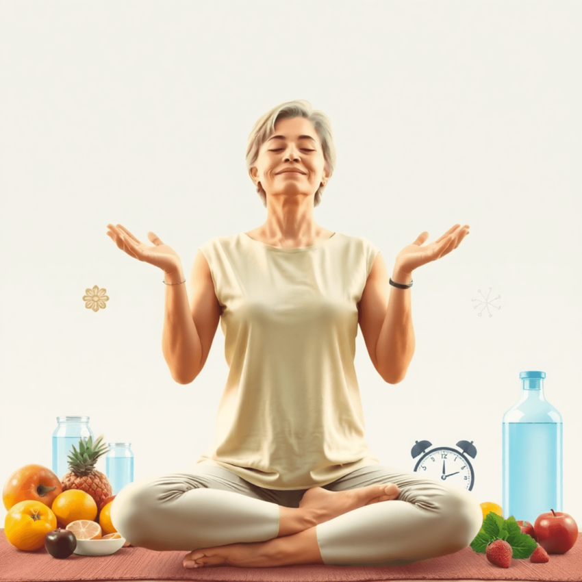 A serene middle-aged woman meditating, surrounded by fruits, water, and a clock, set against a calming abstract background symbolizing health and w...