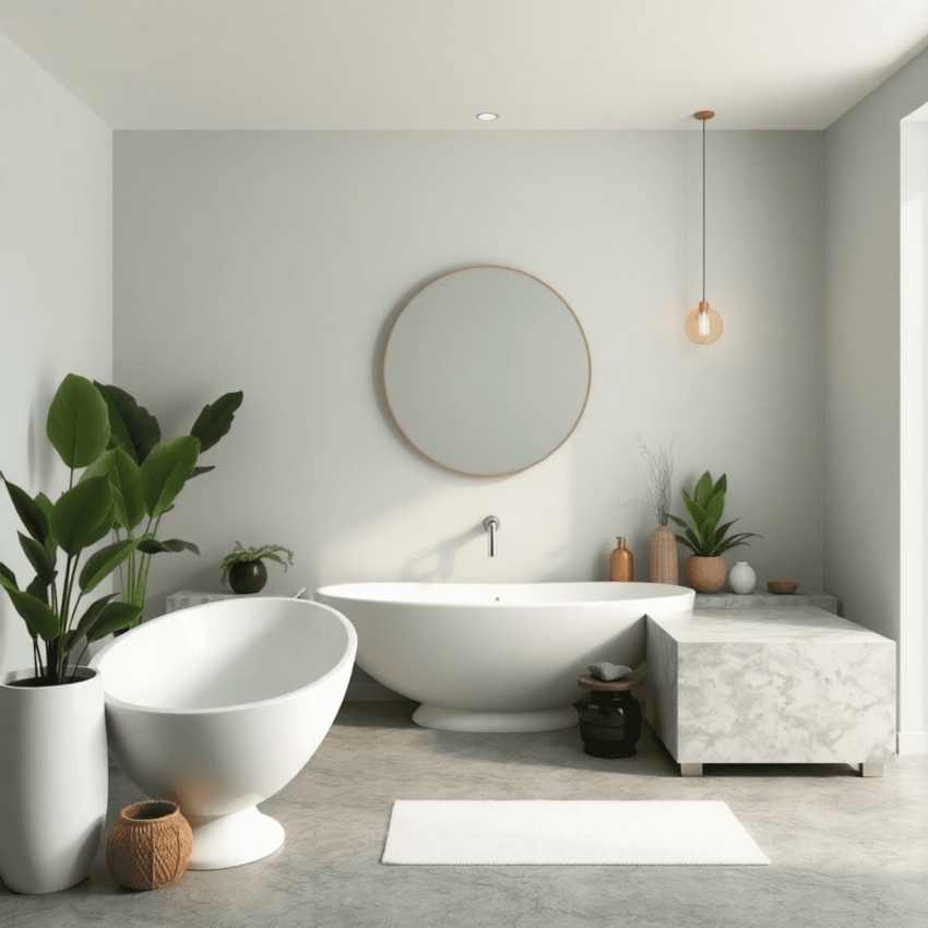 A tranquil bathroom sanctuary with calming colors, natural elements like plants and stones, and a harmonious layout, evoking peace and balance for ...