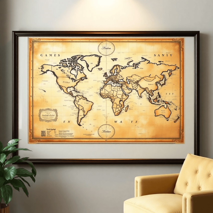 A vintage map with intricate details and artistic craftsmanship, framed and displayed on a wall, featuring yellowed paper and delicate line work in...