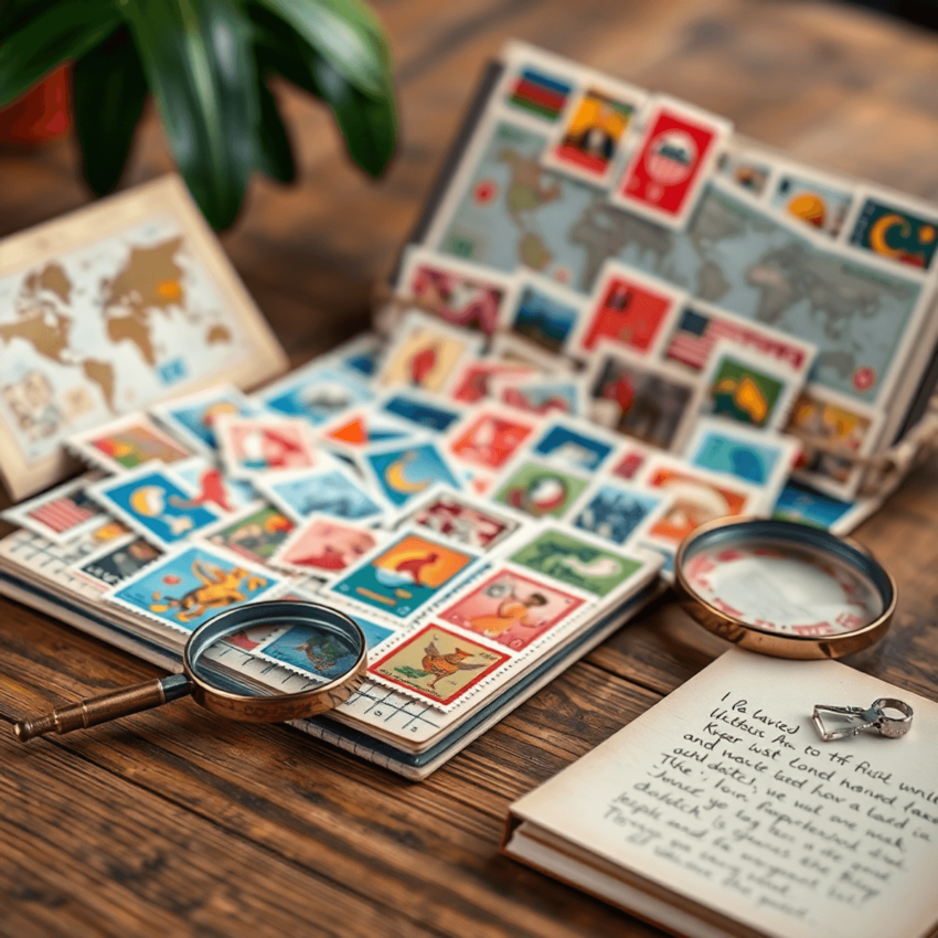 A vintage stamp collection displayed on a wooden table, with colorful stamps, a magnifying glass, and a notebook with handwritten notes, set agains...