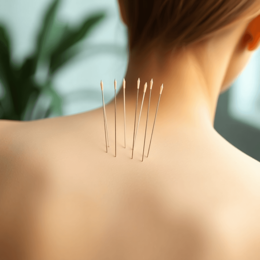 Close-up of delicate acupuncture needles on a woman's back in a serene setting, surrounded by soft lighting and plants, symbolizing healing and bal...