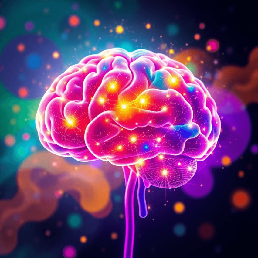 A colorful illustration of a brain with glowing neural pathways, set against a bright background with abstract shapes symbolizing growth and transf...