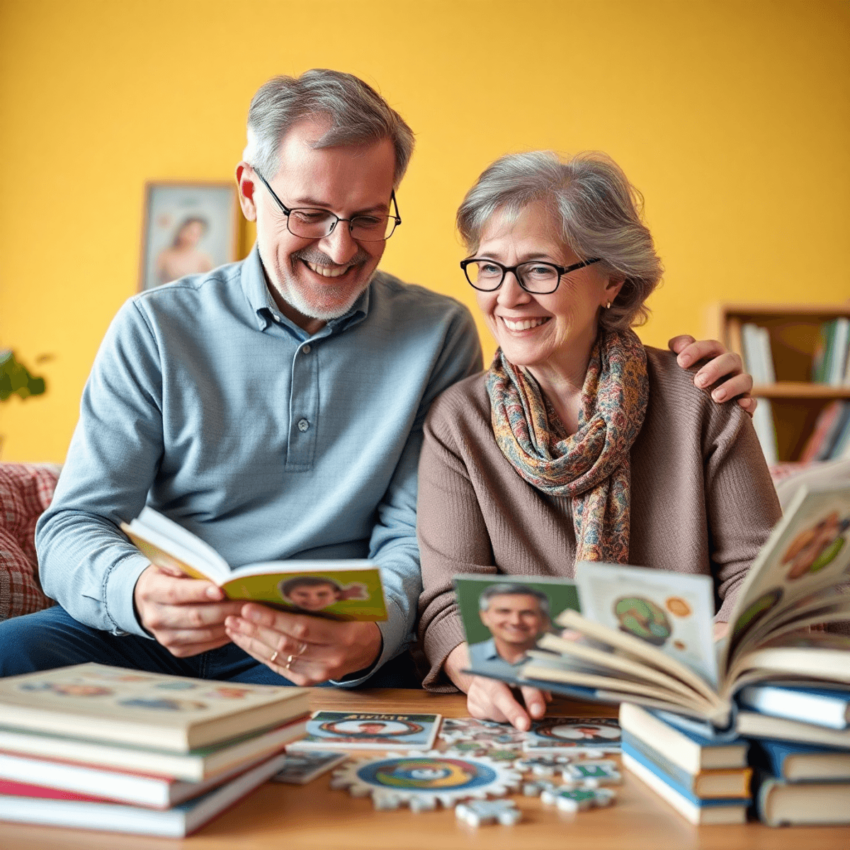 A mature couple engaged in a brain-training activity, surrounded by books and puzzles, in a bright and inviting setting that conveys positivity and...