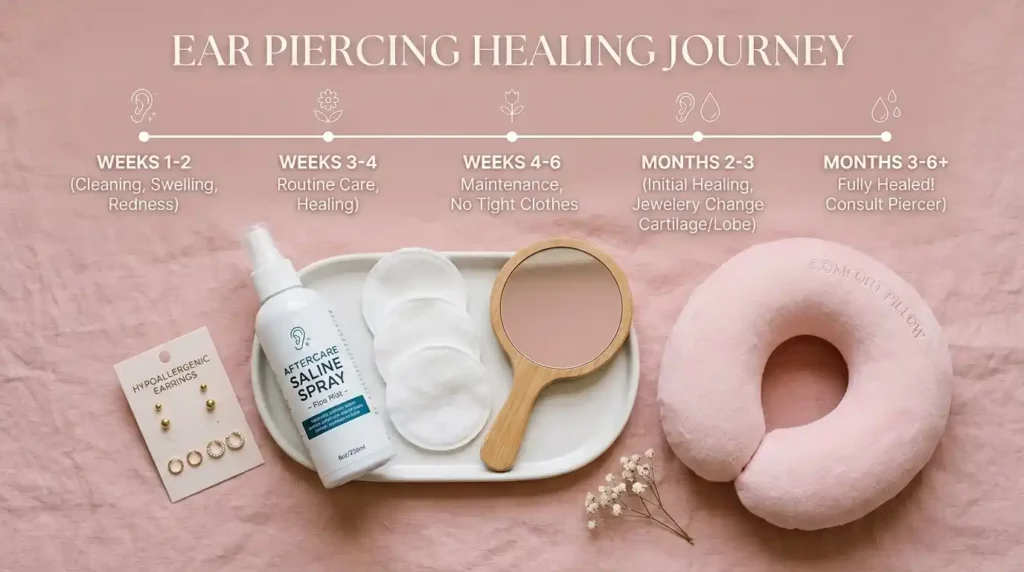 Ear piercing healing kit with saline spray, cotton pads, and aftercare items