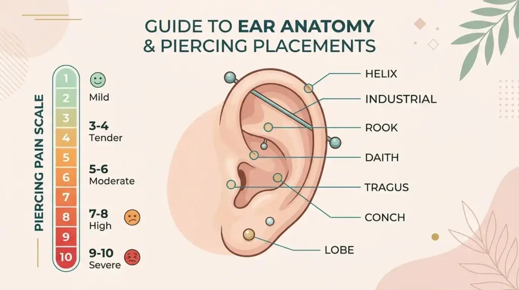 Pain Ear piercing chart showing ear anatomy and piercing locations with pain levels